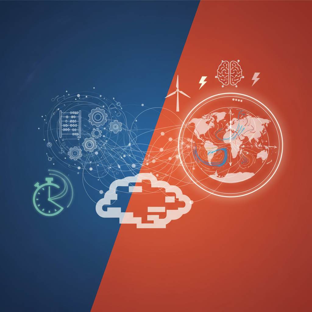clean infographic, modern layout, high contrast. Two contrasting visualizations: one showing a slow, complex, traditional weather model calculation, and the other showing a fast, streamlined AI model prediction with a weather map overlay. Colored background. No visible text in image.
