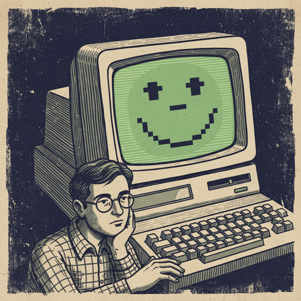 illustration, artistic rendering, textured background, depicting an early DEC VT-100 computer terminal screen displaying a sideways smiley face :-) made of ASCII characters, with a user thoughtfully looking at it. Highlight the constraints of early text-based interfaces. No text.