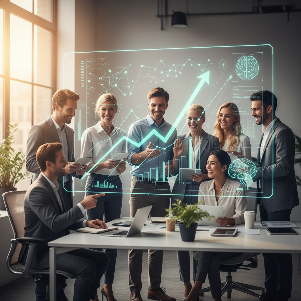 A bright, modern office setting with diverse professionals collaborating around a large screen displaying positive financial growth charts and innovative AI concepts. Focus on a vibrant, productive atmosphere. Style: lifestyle photography, warm lighting. Background: blurred modern office interior with natural light. No visible text.