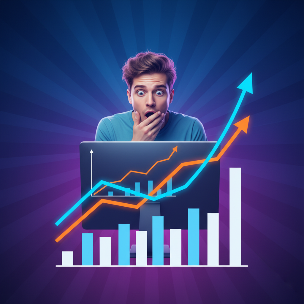 clean infographic, modern layout, high contrast, showing a dynamic graph with an upward trend for RAM prices, a person looking at a computer screen with a surprised expression in the background. No visible text. The background is a vibrant gradient of tech blue and purple.