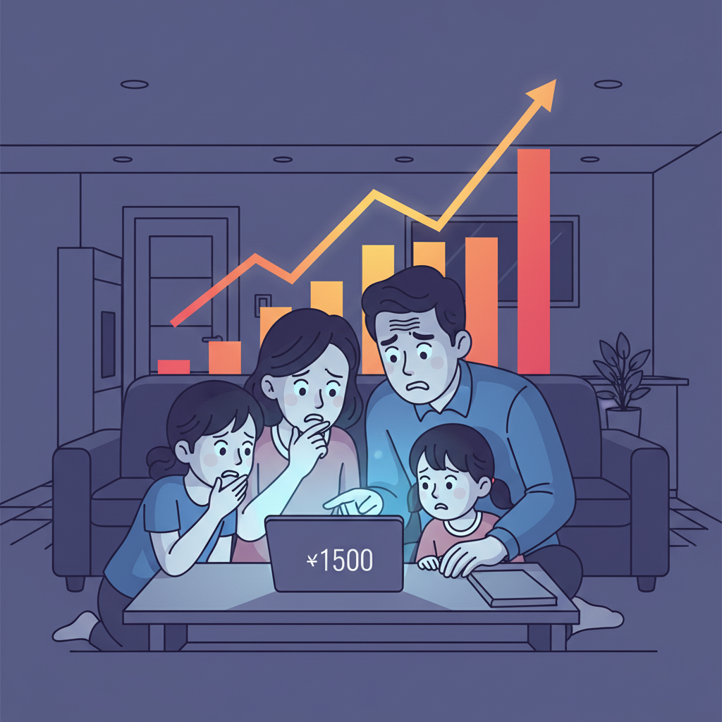 An infographic showing a Korean family looking worriedly at a high electricity bill, with rising cost graphs in the background. The family is in a modern home, dimly lit, suggesting hardship. Clean infographic style, no text.