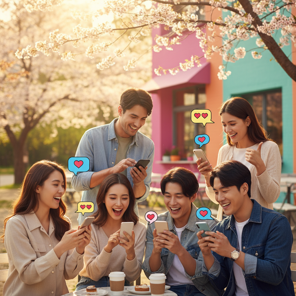 Lifestyle photography of diverse Korean people happily interacting with their smartphones, showing positive reactions to a messaging app's status updates. Focus on connection and communication, warm lighting, natural setting like a cafe or park. Vibrant colored background, full frame.