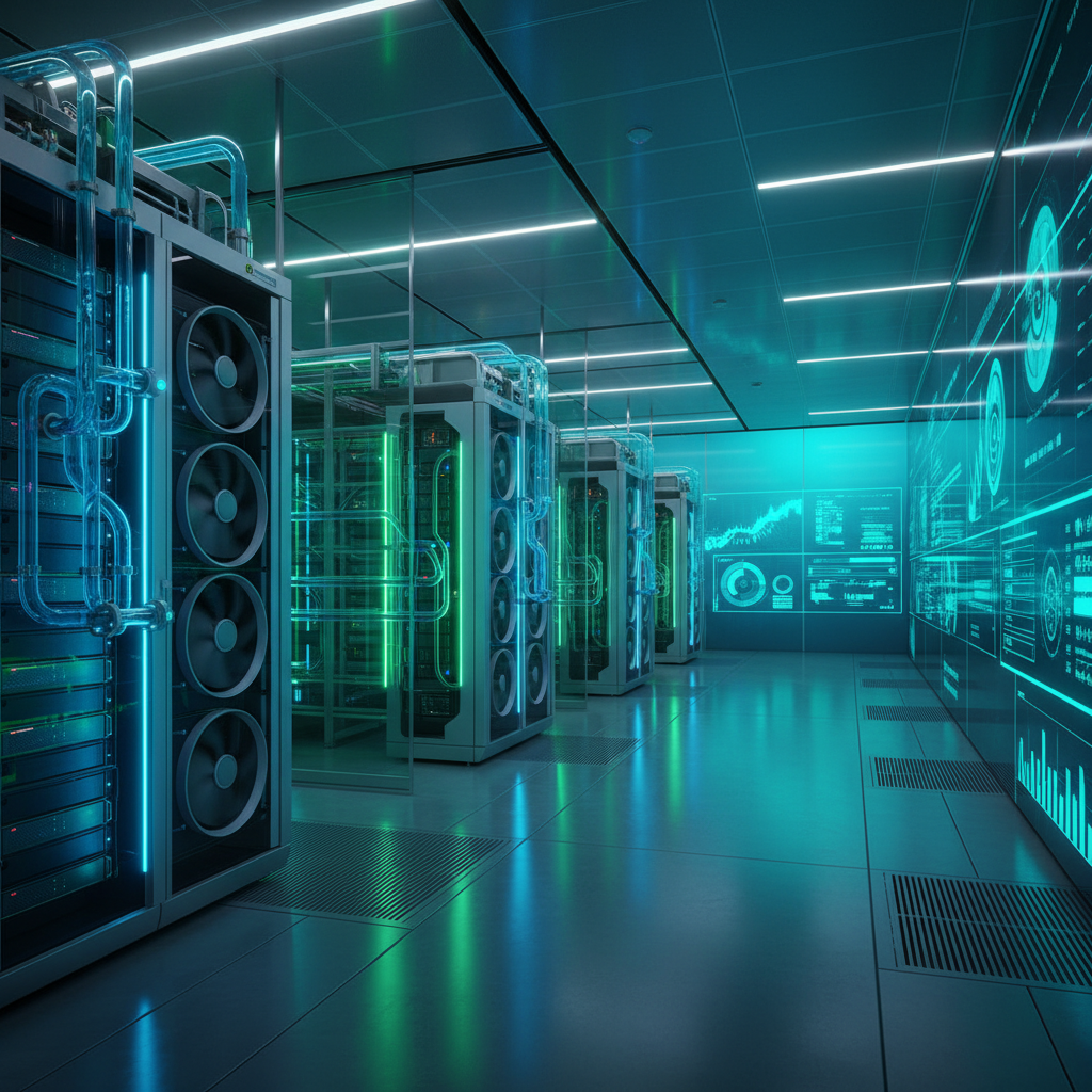 Green technology data center with energy-efficient cooling systems, modern sustainable infrastructure, rows of optimized server equipment, environmental monitoring displays, bright clean industrial space, blue and green lighting accents, high-tech facility interior, professional architectural photography, gradient teal background. No visible text in image.