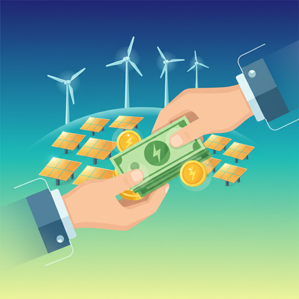 A clean infographic showing hands exchanging money, with solar panels and wind turbines in the background. The design should convey government investment in renewable energy projects, with a modern, high-contrast look and a gradient background. No visible text, bright, balanced lighting.