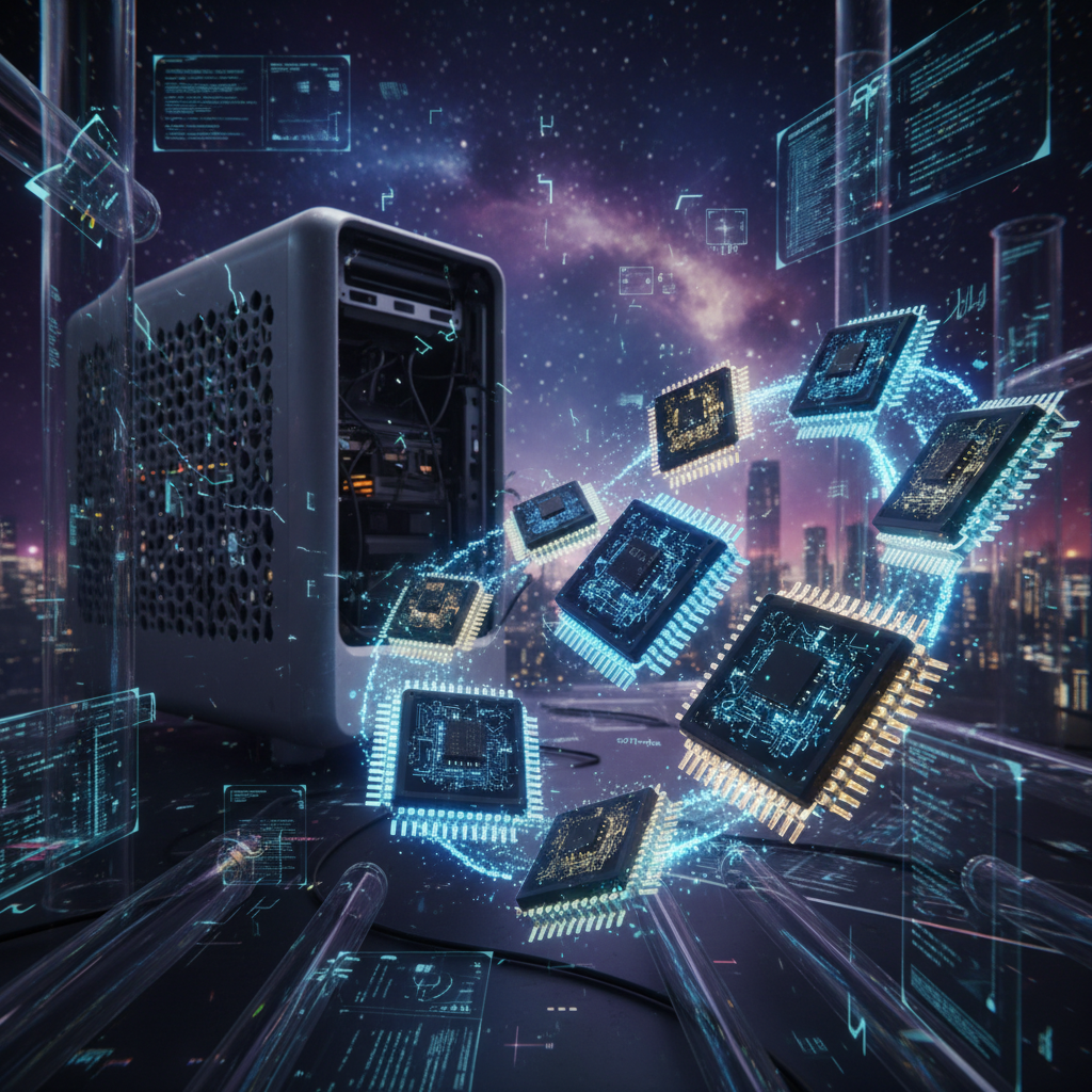 A high-tech, brightly lit laboratory setting with various advanced Apple Silicon chips glowing with internal light, symbolizing innovation. In the background, a slightly out-of-focus, less prominent Mac Pro tower sits, appearing overlooked amidst the vibrant activity around the newer chips. Focus on technological advancement and the feeling of being left behind. Dark, futuristic, and slightly abstract background. No visible text.
