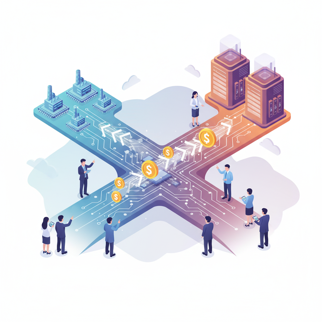 A conceptual infographic showing a bridge connecting semiconductor fabs (represented by microchips) to large, modern AI data centers, with tax credit symbols flowing across. Style: clean infographic. No text. Korean people.