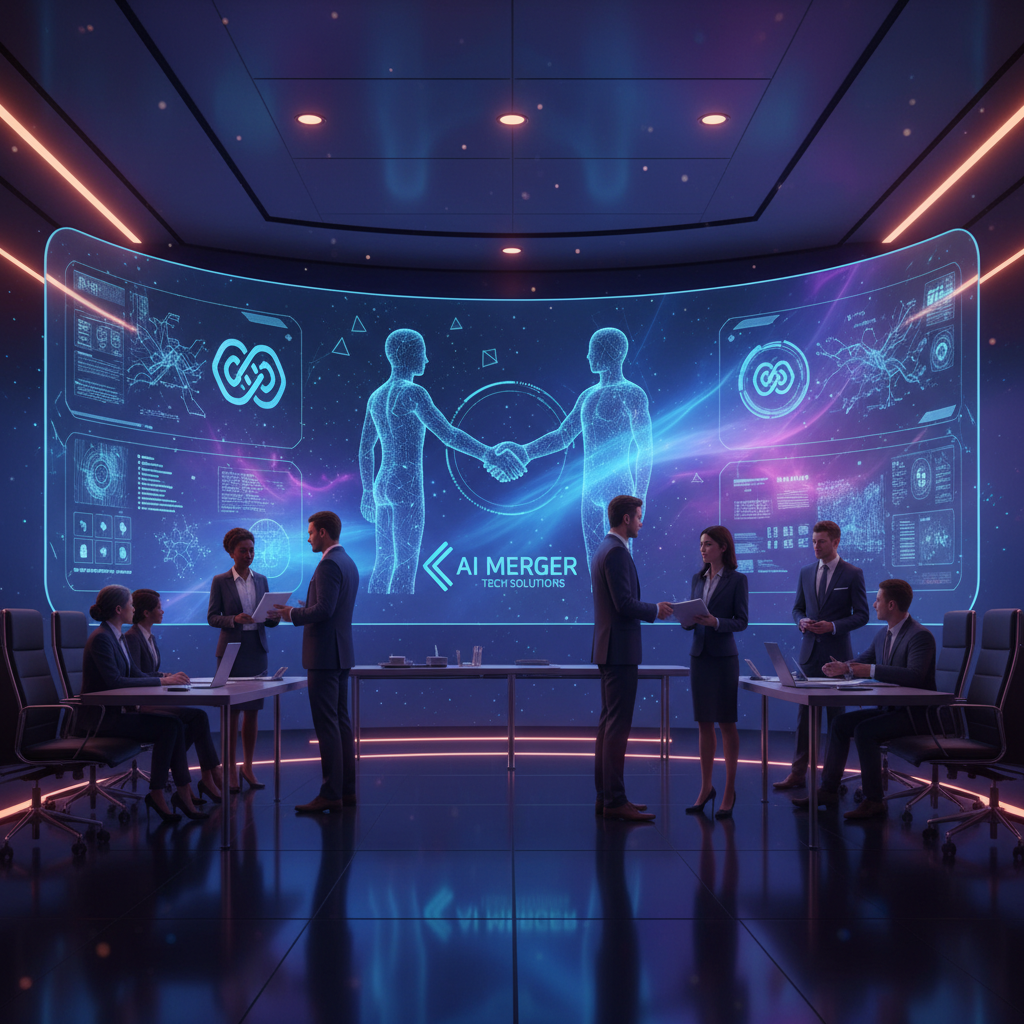 A modern corporate acquisition announcement scene with digital avatars and AI technology elements displayed on large screens in a sleek conference room, professional business atmosphere, warm lighting, gradient blue and purple background, futuristic tech aesthetic, no text