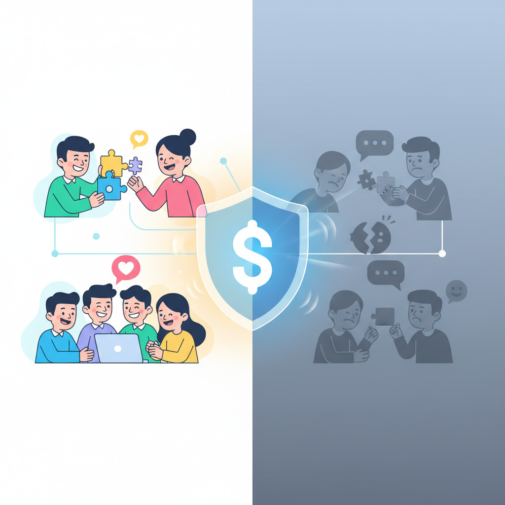 clean infographic, modern layout, high contrast. A visual metaphor showing a digital community. On one side, happy users interacting positively, on the other side, some faded, negative elements being gently separated by a moderation shield. The focus is on a healthy online environment. Korean appearance characters, natural expression. No text.