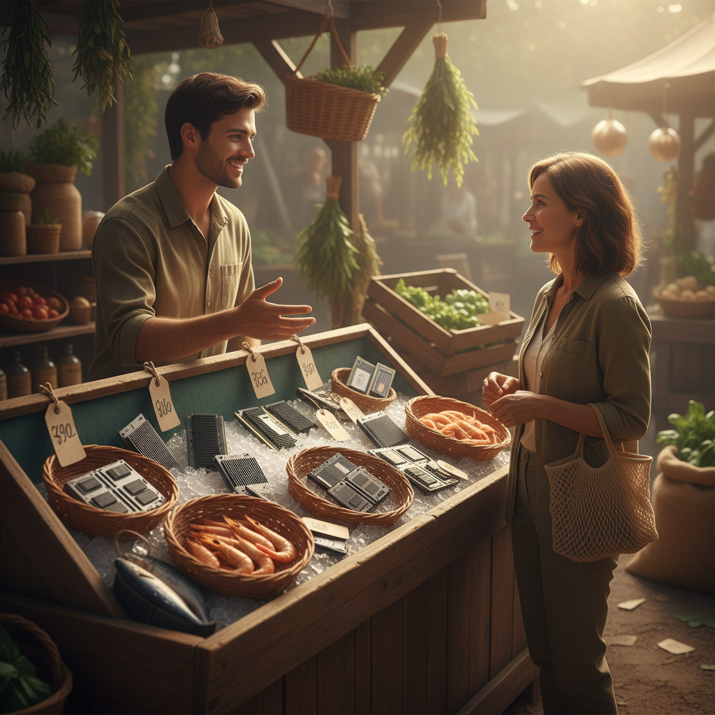 lifestyle photography, warm lighting, natural setting, showing a computer store display case with RAM modules arranged like fresh seafood, with small price tags handwritten on them. A sales associate is talking to a customer. No visible text. Textured background resembling a market stall.