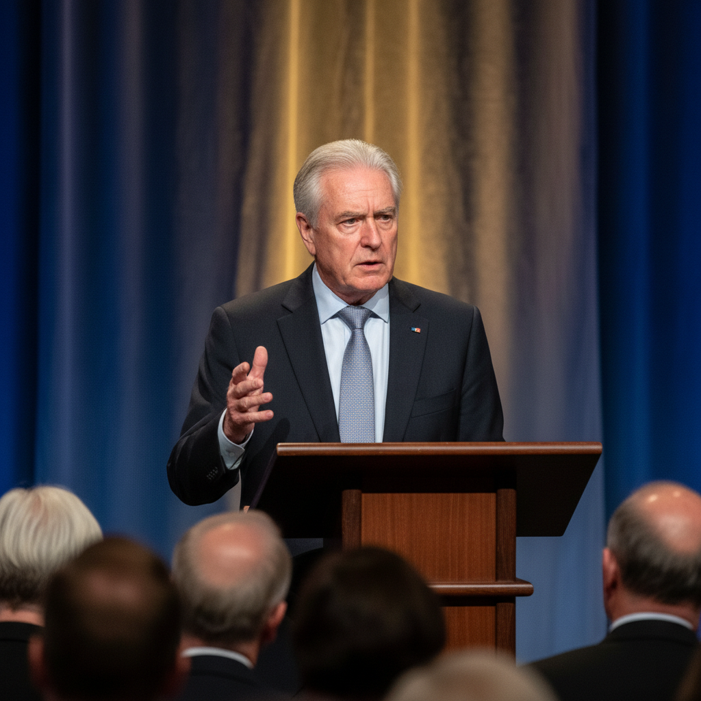 Kerry O'Brien, an older man with a serious but passionate expression, delivering a speech at a podium. The background shows a formal event setting with subtle lighting. Audience members are blurred in the foreground, listening intently. Style: journalistic photography, natural lighting, textured background. No visible text in image.