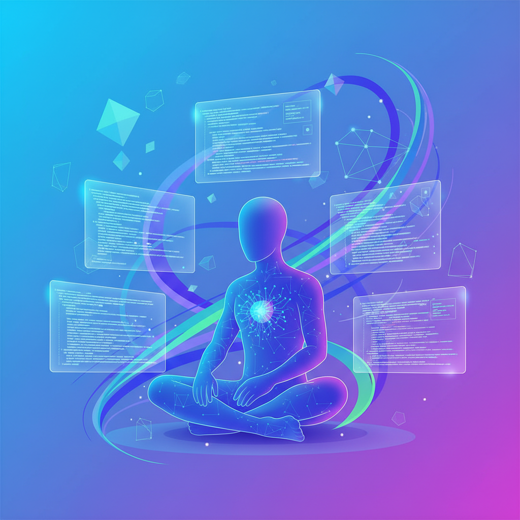 Modern illustration of an AI agent efficiently performing complex coding tasks on multiple screens, surrounded by data streams and abstract representations of algorithms. Clean infographic style, high contrast, bright lighting, gradient background. No visible text, centered focus, visually rich, no empty margins.