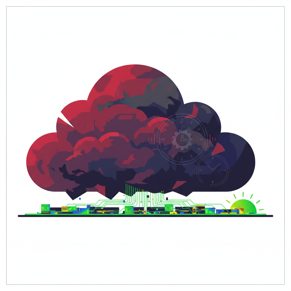 clean infographic, modern layout, high contrast. A visual representation of CoreWeave's substantial debt, perhaps a large, dark cloud overshadowing a growing AI data center. Use contrasting colors to highlight the debt (red/dark tones) against the revenue (green/bright tones). Show a subtle hint of a ticking clock. No visible text.