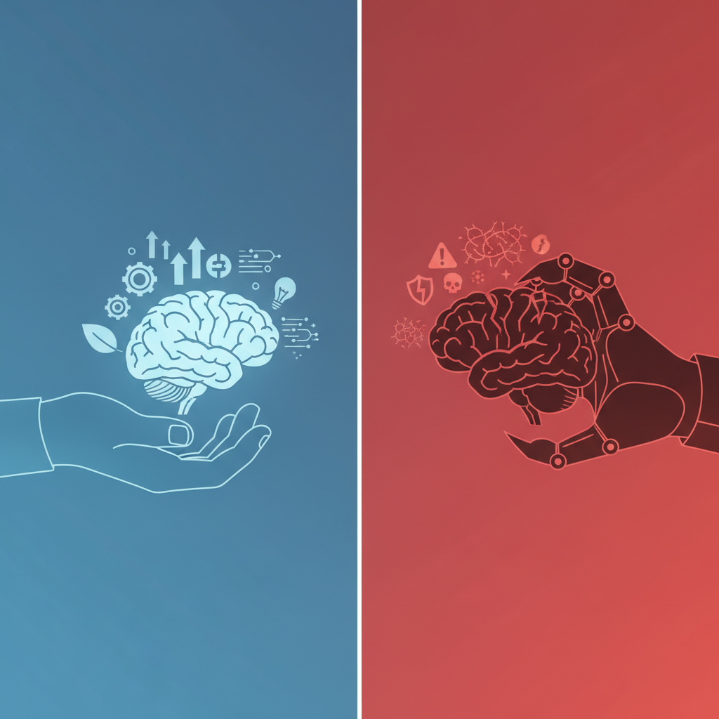 clean infographic, modern layout, high contrast. Two contrasting hands, one holding a glowing AI brain with positive aspects like productivity, the other grasping a dark, broken brain with error symbols and malware. The background is a gradient of blue and red. No visible text.