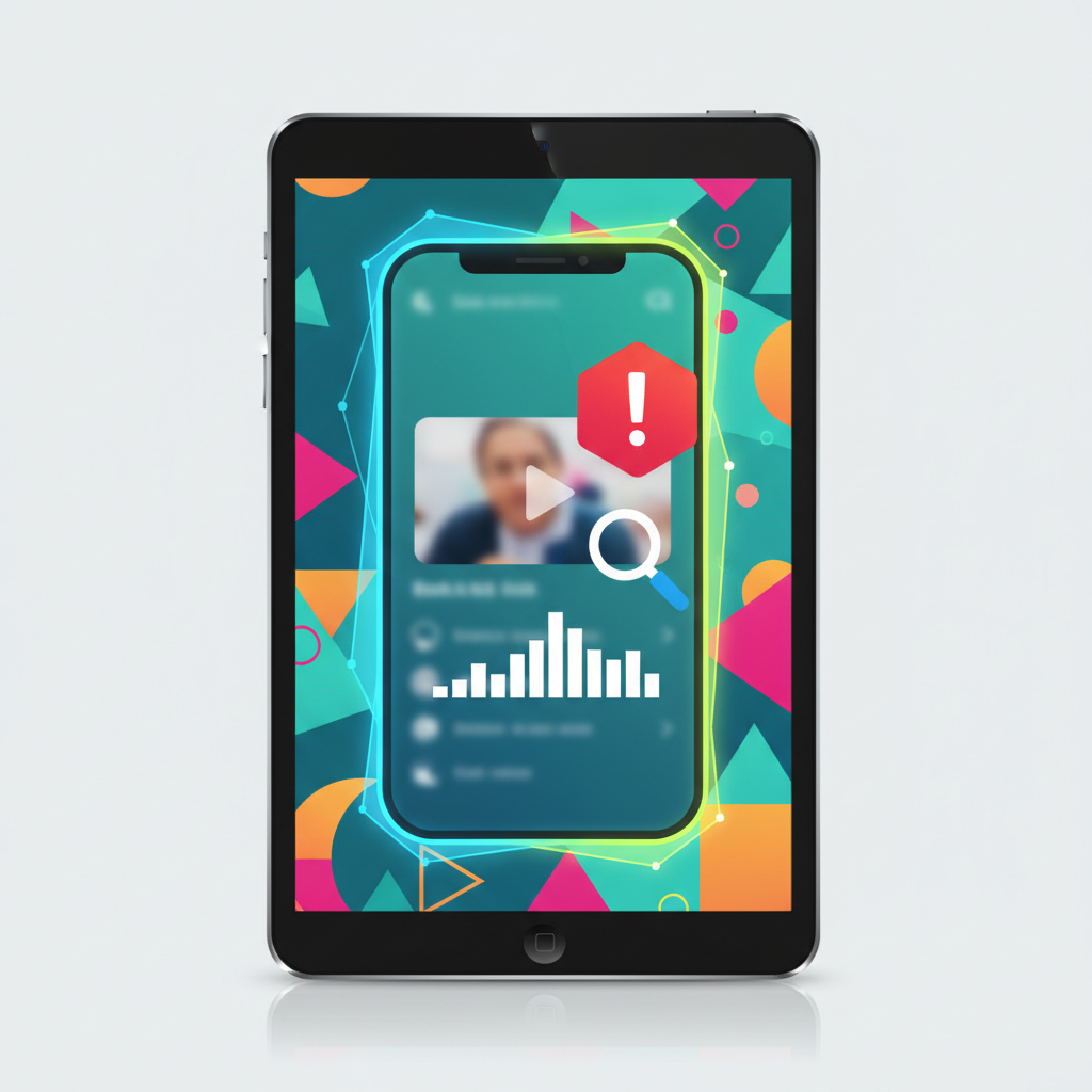 A clean infographic showing a mobile phone screen displaying a short video (reel), with a red alert icon and a magnifying glass, symbolizing content theft detection. Modern, high contrast, vibrant colors with a colored geometric background. No visible text in the image.