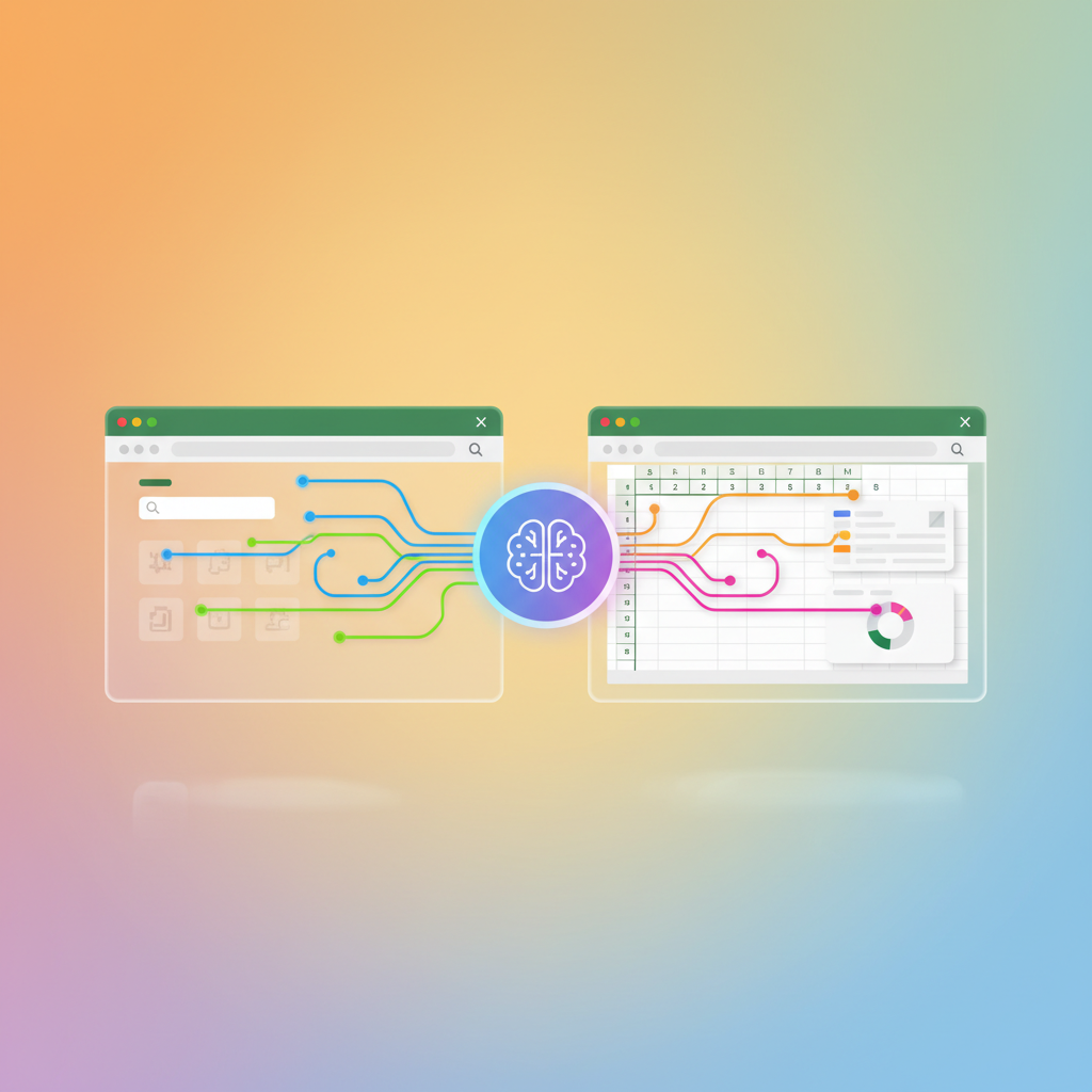 clean infographic, modern layout, high contrast. A user interface where a minimalist, modern AI assistant icon is seamlessly integrated into a Chrome browser window and an Excel spreadsheet interface. Showing subtle glowing lines representing data flow and interaction. Colored background, bright, balanced lighting. No text.