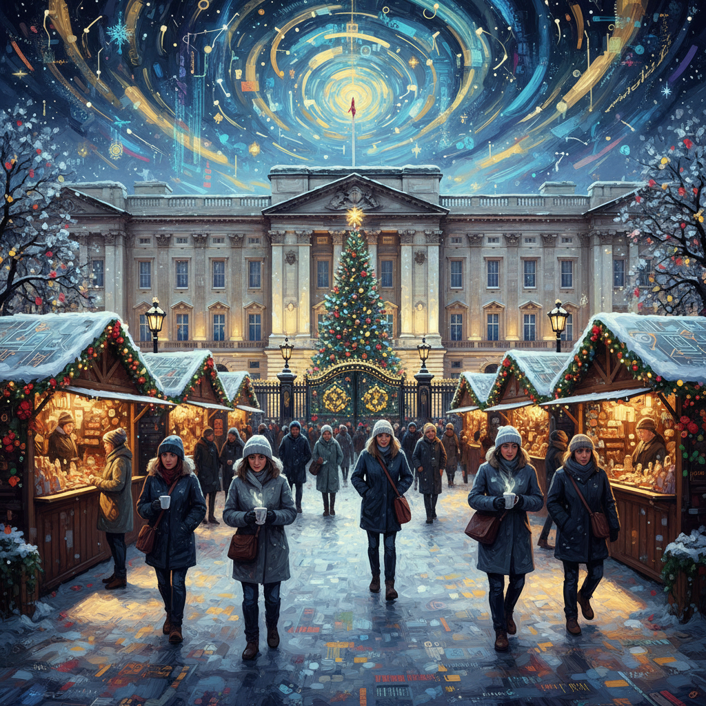 An AI-generated fake Christmas market in front of Buckingham Palace, adorned with festive lights and snow, looking realistic but with subtle surreal elements hinting at its artificial nature. Style: artistic rendering, textured background. No text, no visible text in image.