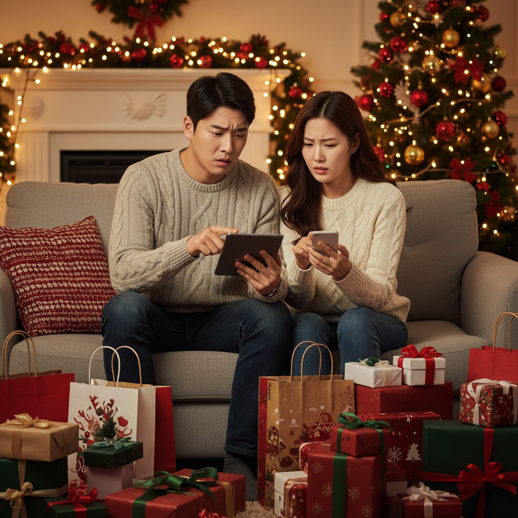 A Korean man and woman looking confused and frustrated while browsing on a tablet and phone, surrounded by festive Christmas decorations and shopping bags. The scene has a warm, inviting atmosphere, but their expressions show concern. Style: lifestyle photography, warm lighting, natural setting. No visible text in image.