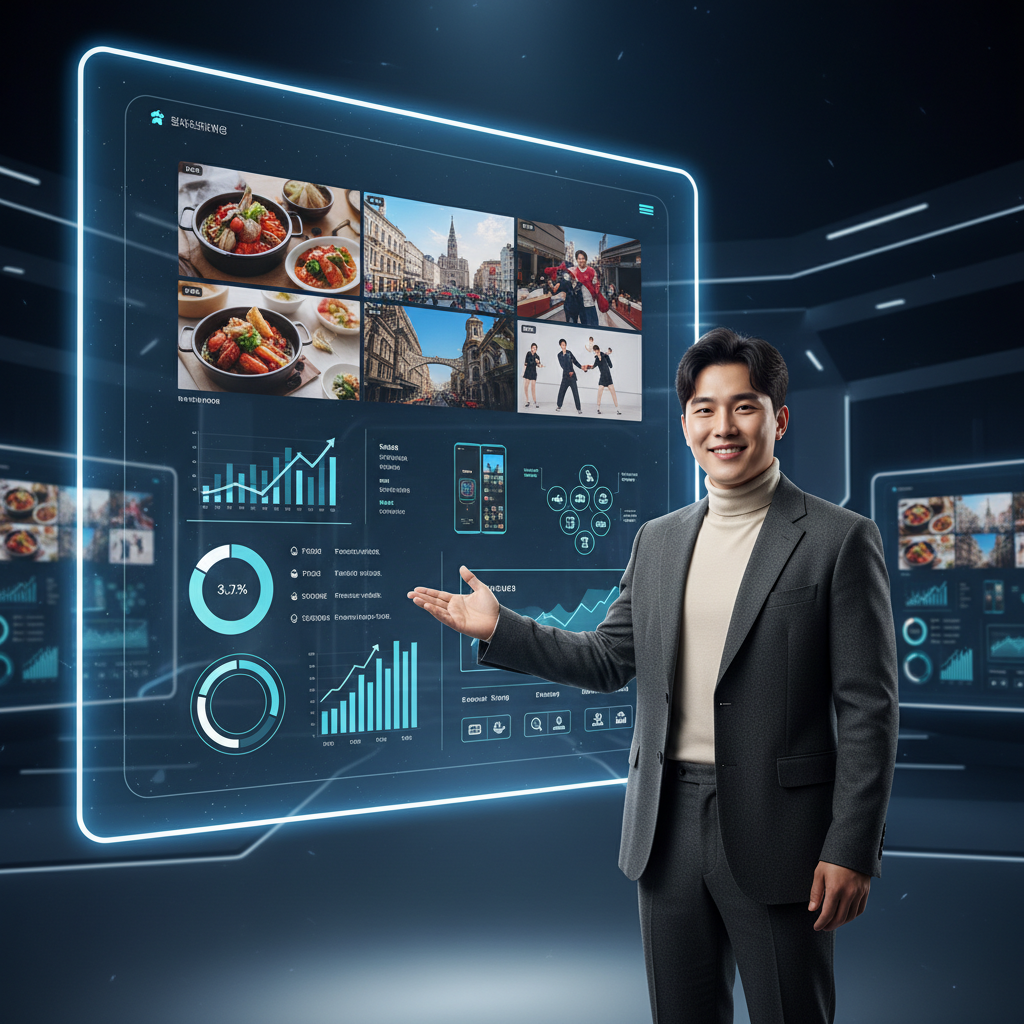 A Korean creator is confidently presenting a video on a large screen, with various content ideas and analytics graphs subtly displayed in the background through a modern, clean UI. The creator is the central focus, showcasing successful content. Style: clean infographic, modern layout, high contrast. No visible text in image.