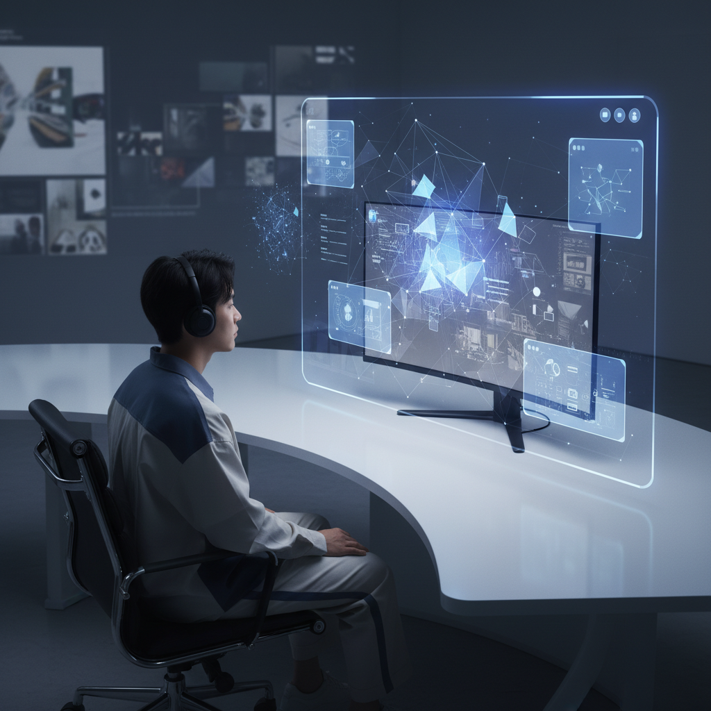 A Korean creator sitting in front of a computer, looking at a screen with AI-generated ideas, a glowing, futuristic UI overlay suggests creative ideation. Style: clean infographic, modern layout, high contrast. No visible text in image.