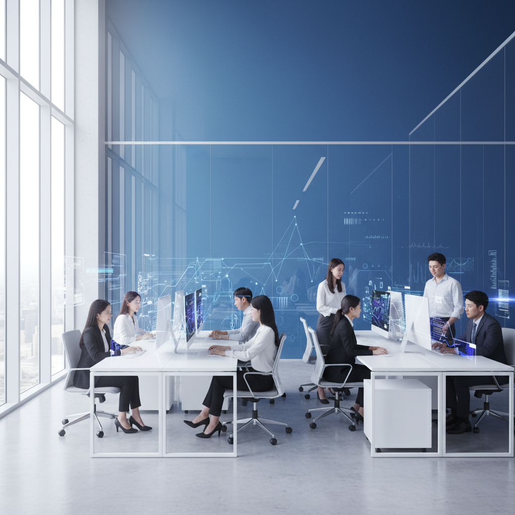 A modern, bright office environment at Klarna, with a diverse team of Korean professionals collaborating seamlessly with advanced AI interfaces on their screens. Emphasize a clean, high-tech atmosphere with subtle data visualizations integrated into the modern workspace design. Style: clean infographic, modern layout, high contrast. No visible text. Textured background with gradient blue and white colors.