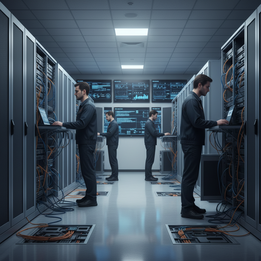 A modern data center with glowing blue server racks, technicians working diligently to restore services, representing resilience and problem-solving. Bright, balanced lighting, professional and determined atmosphere. No text.