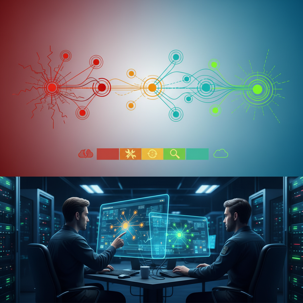 An infographic illustrating the Cloudflare recovery process. A stylized network diagram shows broken connections gradually being restored, with status indicators changing from red to green. Depict engineers working in a modern data center control room. Style: clean infographic, modern layout, high contrast. No visible text, colored background, centered focus.