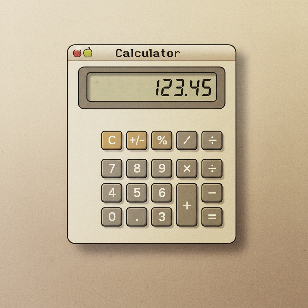 Detailed illustration of classic Mac OS calculator interface from 1984, showing elegant button layout and display, vintage beige and gray color scheme, clean minimalist design, soft lighting highlighting the interface elements, textured gradient background in warm neutral tones, nostalgic computing aesthetic