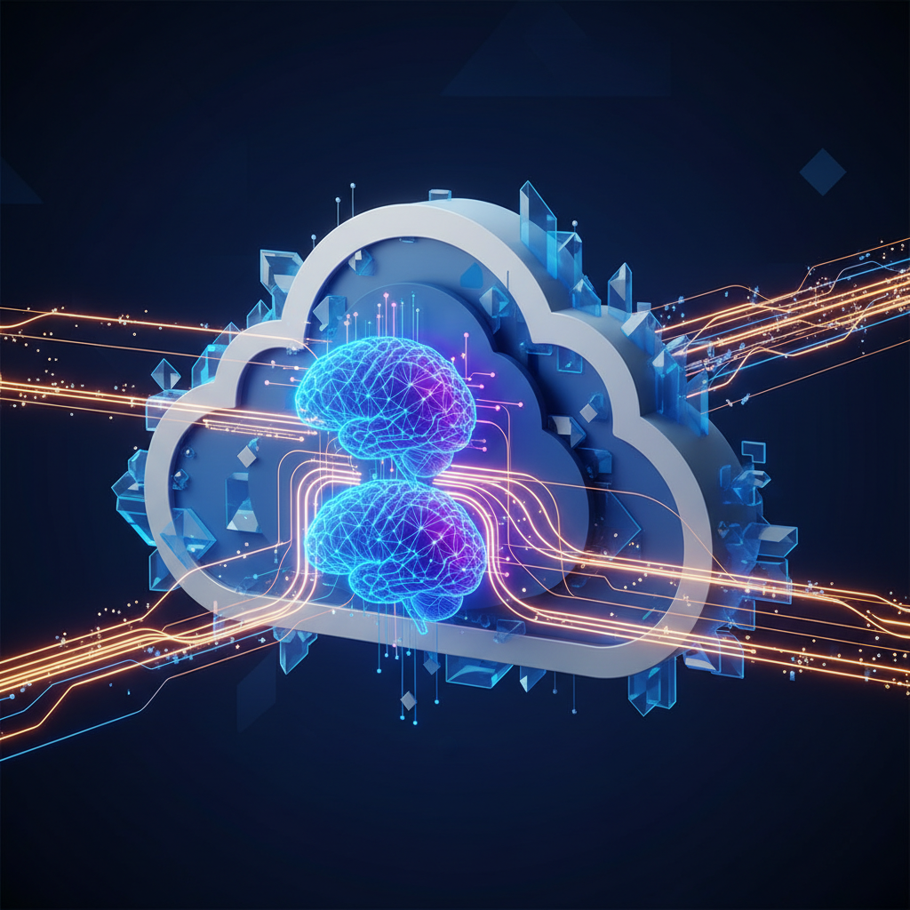 clean infographic, modern layout, high contrast. A stylized representation of Claude AI models, depicted as glowing brain-like nodes, seamlessly integrating into Microsoft Azure cloud architecture, with data flowing between them, bright, balanced lighting, no visible text.