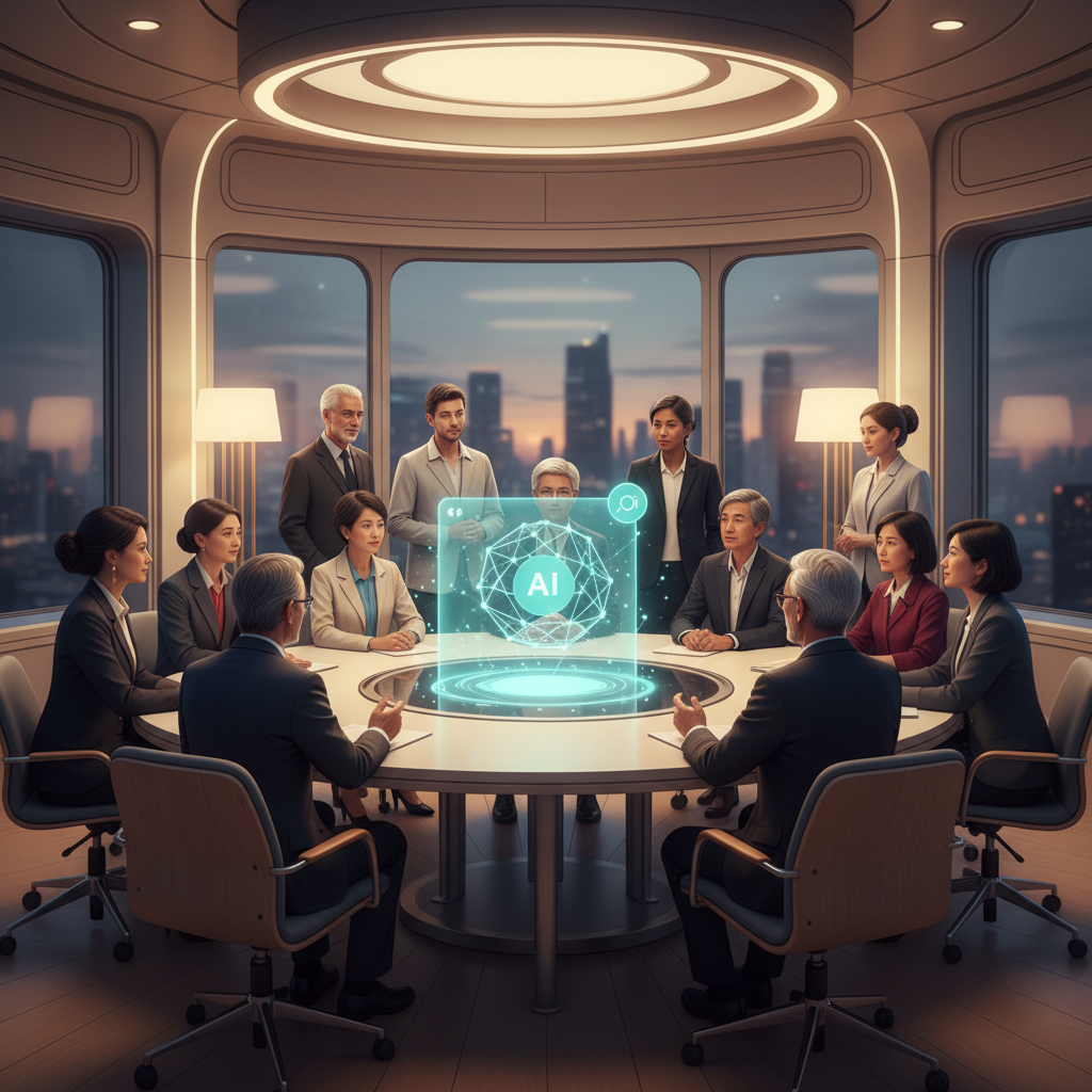 A diverse group of people from different backgrounds discussing calmly around a holographic projection of an AI chatbot interface, symbolizing political even-handedness and fairness. The setting is modern and collaborative, with warm, inviting light. No visible text.