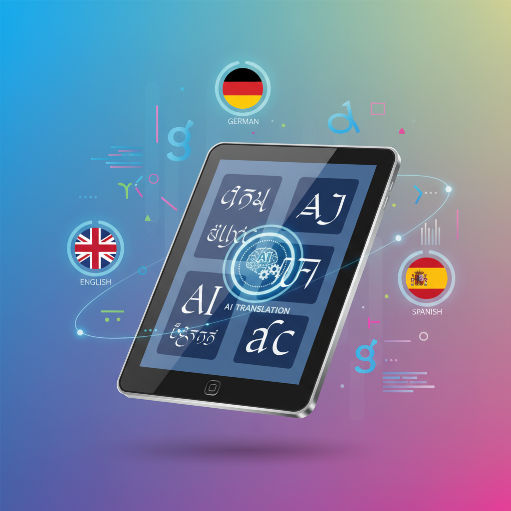 A modern digital illustration showing an e-reader device displaying multilingual text with AI translation symbols, floating language icons around it including English, Spanish, and German flags, clean tech-focused infographic style with vibrant colors, no text in image