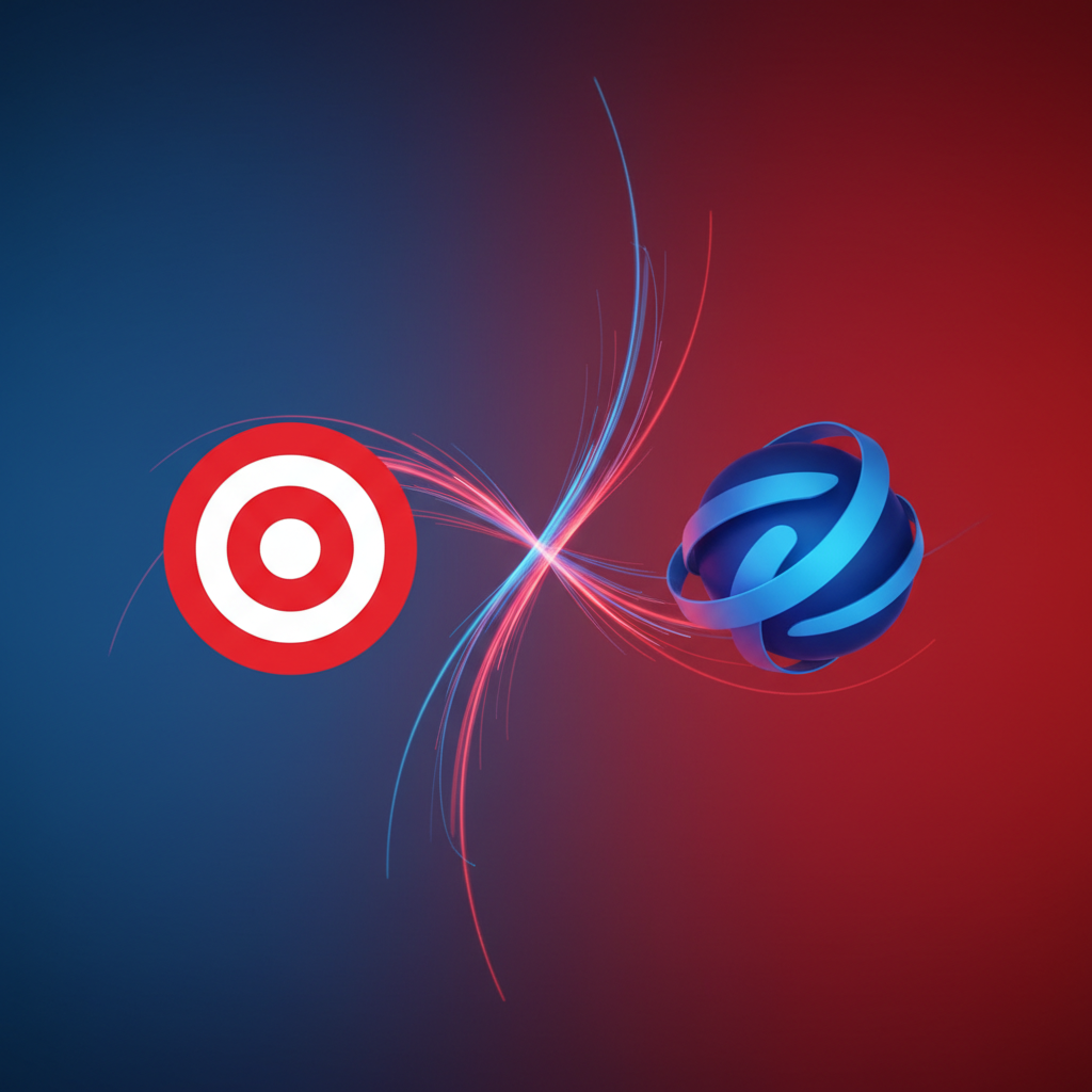 clean infographic, modern layout, high contrast. A visual representation of Target's red bullseye logo and OpenAI's logo converging, symbolizing a strategic partnership in retail AI. Abstract lines connecting them, on a gradient blue and red background. No visible text.