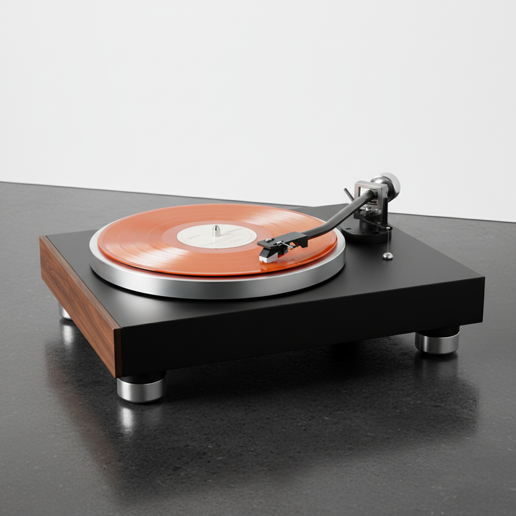 A modern manual turntable with a 4-inch Tiny Vinyl record placed on the platter, ready to be played. The tonearm is positioned over the record. Clean, high contrast setting. No text.