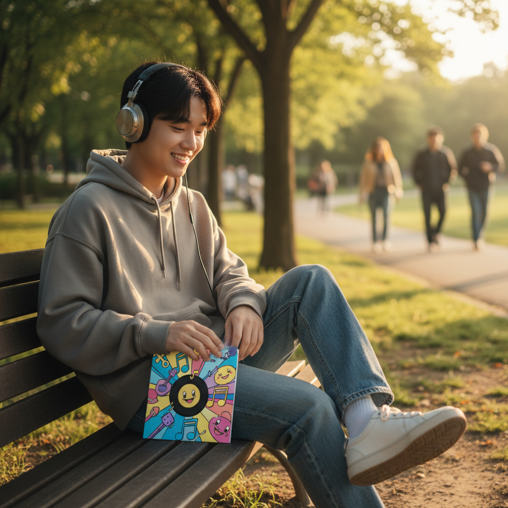 A person casually listening to music, smiling, with a Tiny Vinyl record cover art visible near them, implying a fun and accessible music experience. Lifestyle photography, natural setting. Korean appearance person. No text.
