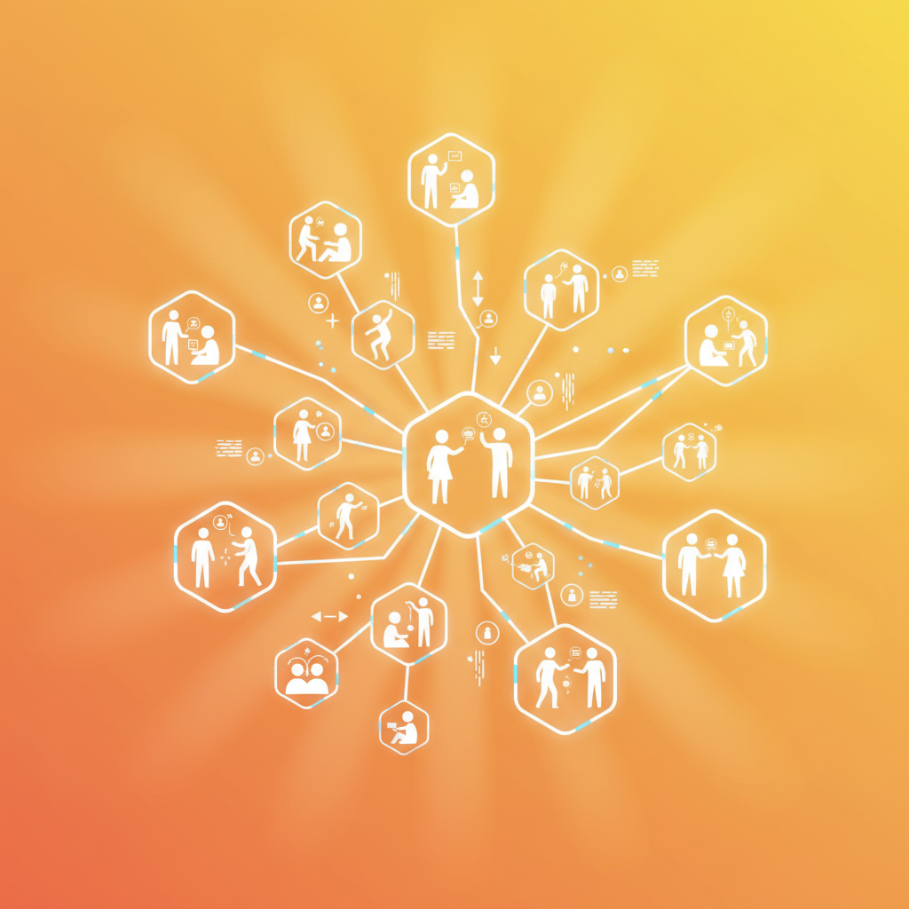An abstract illustration representing a decentralized social network, with multiple interconnected nodes instead of a central hub. People are interacting through these nodes. The background is a warm, orange-yellow gradient. Style: clean infographic, modern layout, high contrast. No visible text.