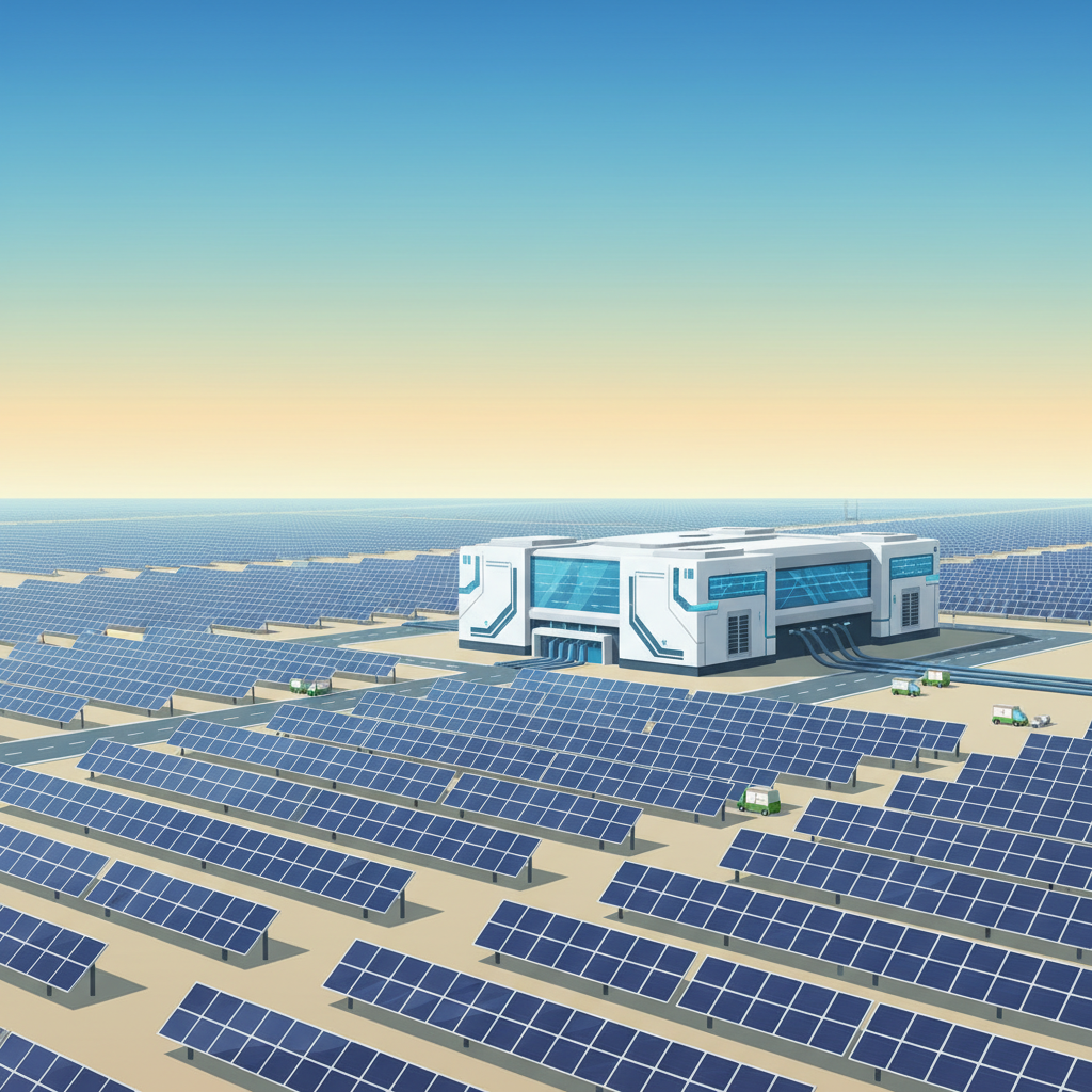 A clean illustration of a vast solar farm adjacent to a large, modern data center. The solar panels are neatly arranged under a bright sky with a gradient background. Focus on the integration of renewable energy infrastructure with high-tech facilities. No text, bright, balanced lighting.
