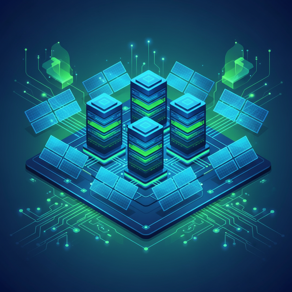 A futuristic data center surrounded by advanced solar panels, clean infographic style, modern layout, high contrast, blue and green color scheme, no visible text, colored background.