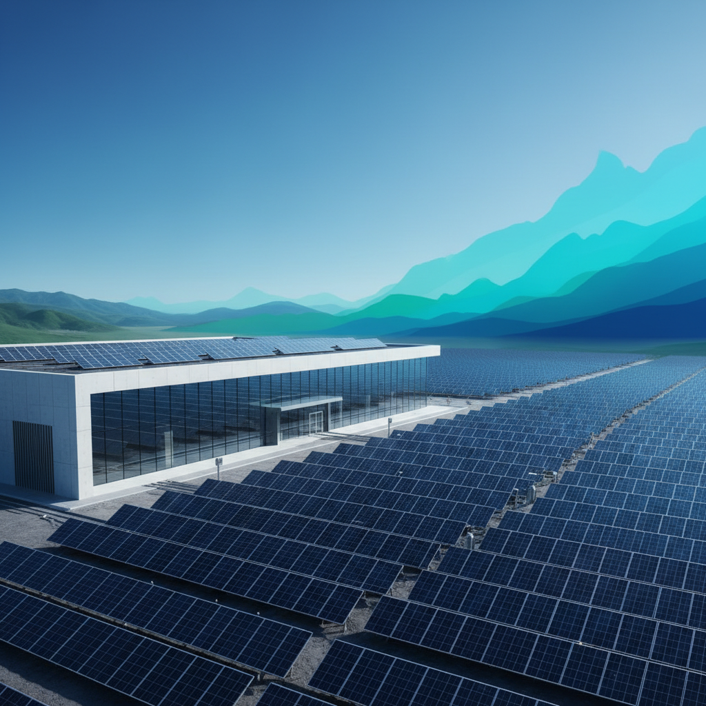 A modern, sleek data center building under a bright sky, with large solar panel arrays covering the adjacent land. The overall scene conveys efficiency and clean energy. Gradient blue and green background, no text.