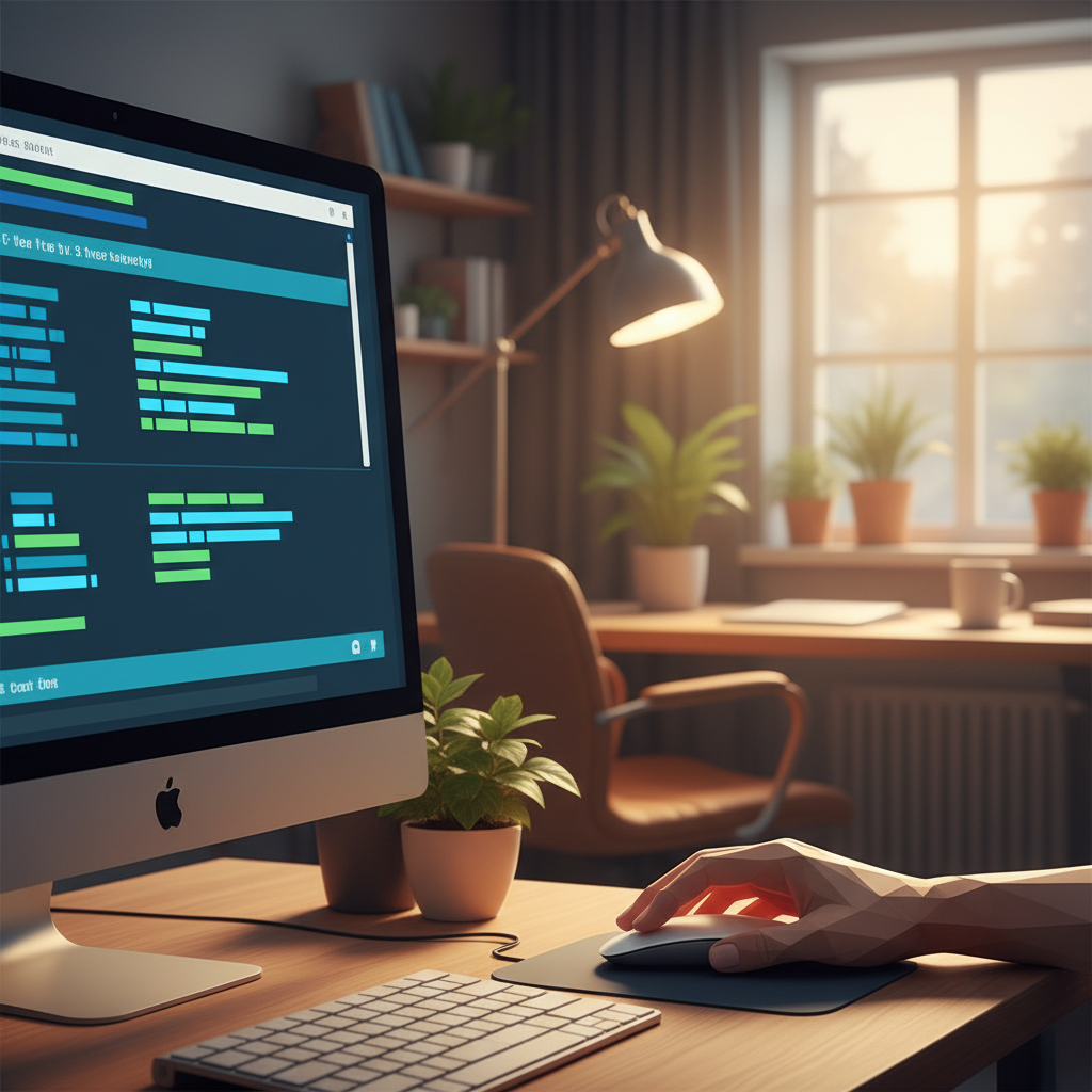 A close-up shot of a computer screen showing a terminal window with a command line, a hand holding a mouse ready to paste text. The background is a modern home office with warm lighting. Style: clean infographic, high contrast. No visible text on screen, only command line interface elements.