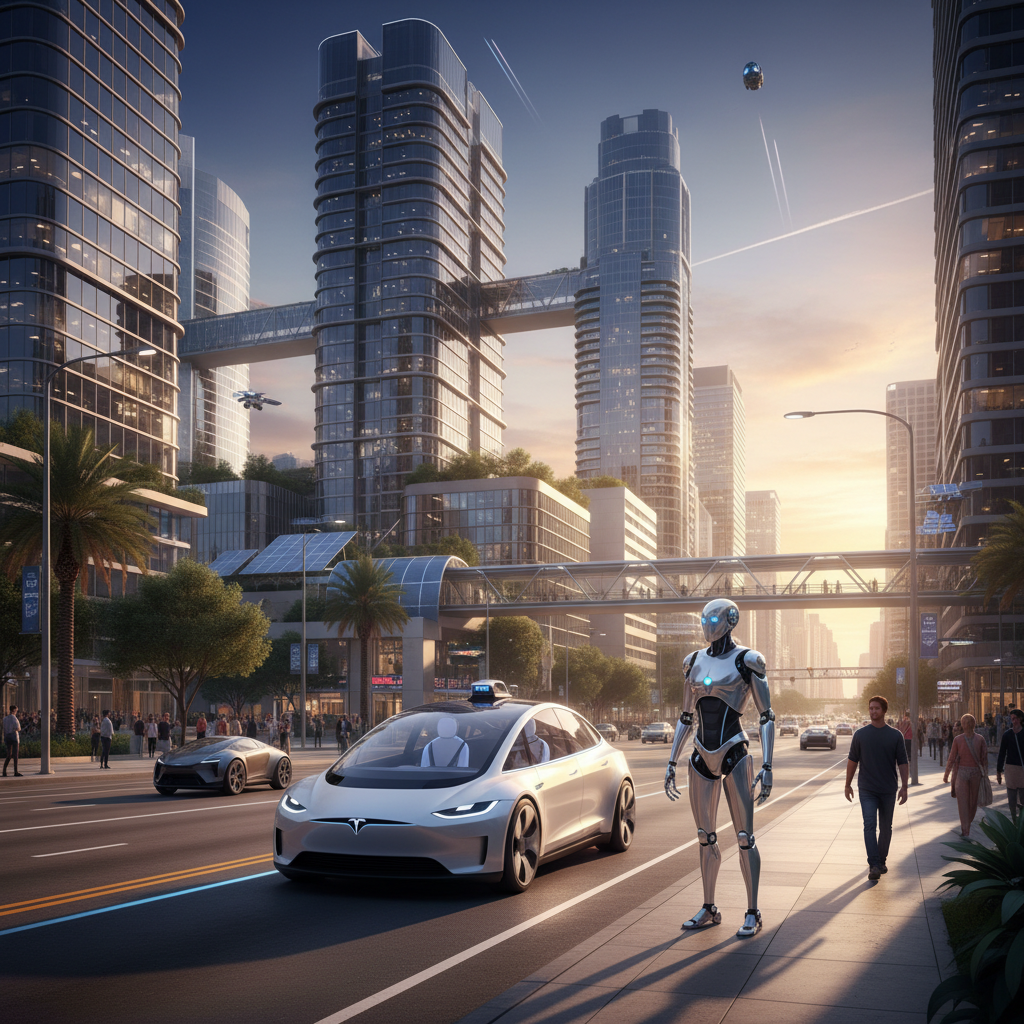 Futuristic scene showing Tesla robotaxi on city street with humanoid robot standing nearby, modern urban environment in Austin Texas, realistic autonomous vehicle design, advanced technology atmosphere, golden hour lighting, lifestyle photography style, no text in image