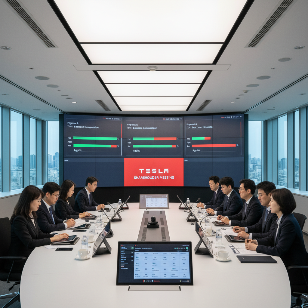 Modern corporate shareholder meeting scene with digital voting displays showing results, professional business atmosphere with Tesla branding elements, Korean business people in attendance, bright conference room lighting, clean corporate photography style, no text in image