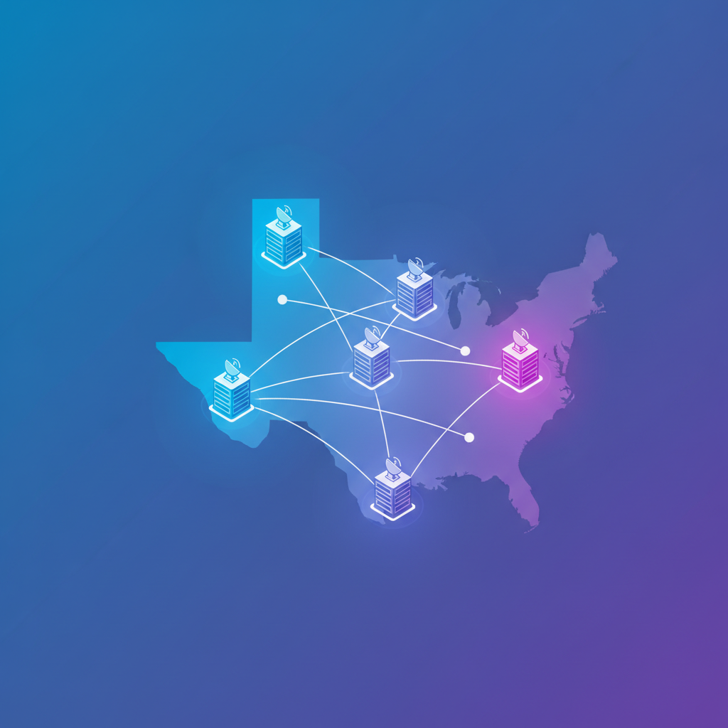 Illustrated map of United States highlighting Texas and New York states with glowing markers, modern infographic style, data center icons placed on both locations, gradient blue and purple background, clean design with connecting lines showing network infrastructure, no text