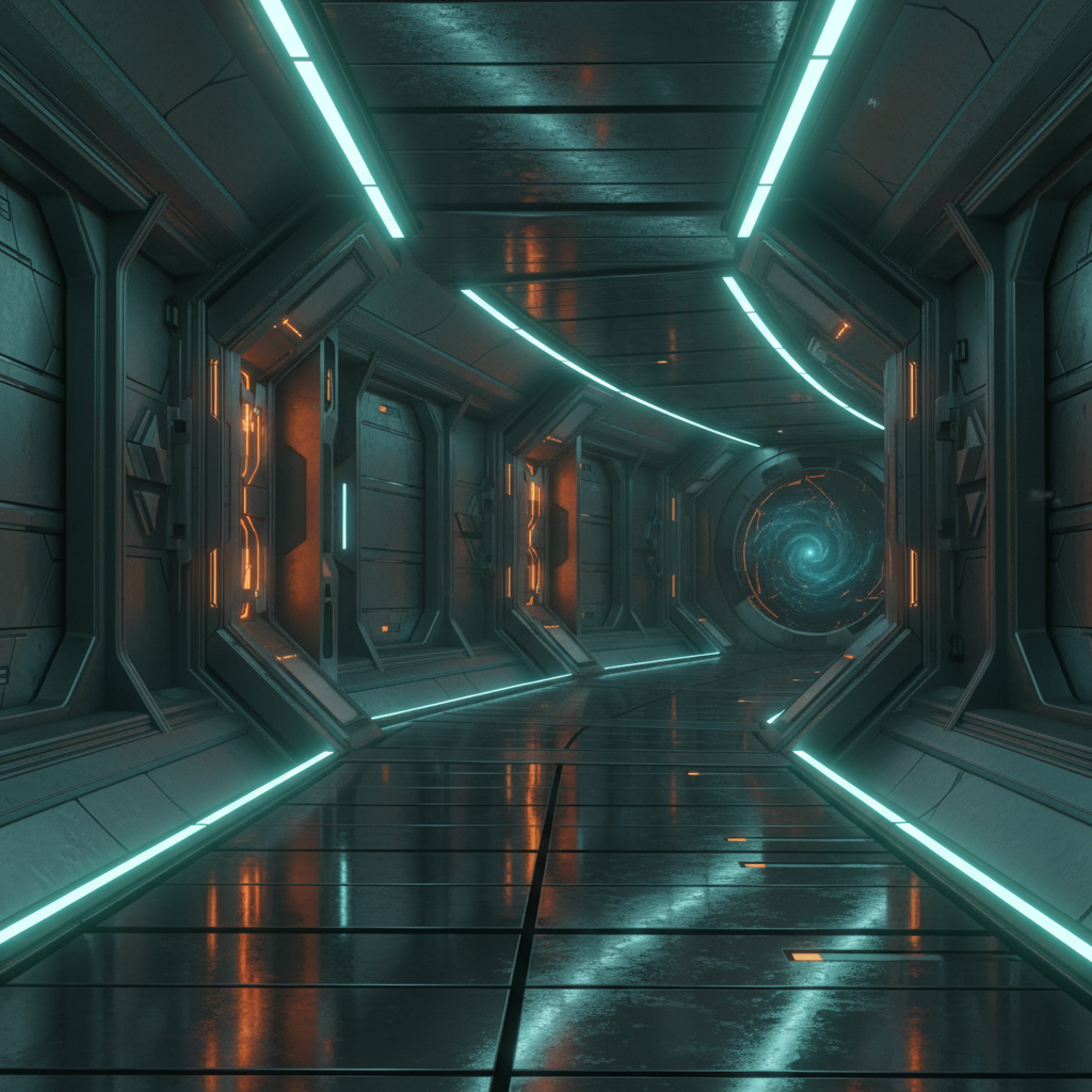A photorealistic 3D game environment created from text prompts, featuring a futuristic sci-fi interior with metallic surfaces and glowing lights. Rich teal and orange color scheme, dramatic lighting with reflections on polished floors. Centered composition showing depth and spatial detail. No text.