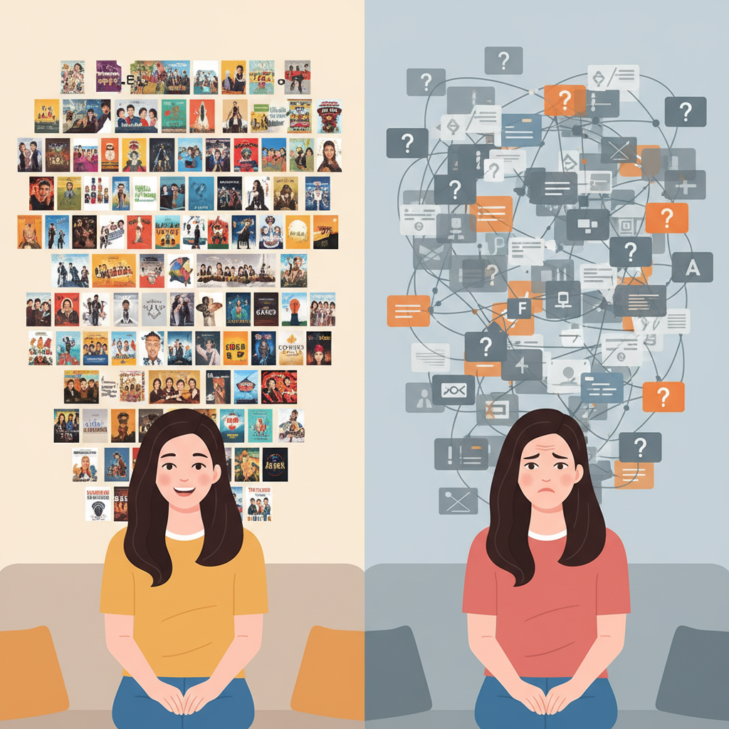 A split-screen infographic. One side shows a rich, diverse library of movies and shows with a happy Korean viewer (positive aspect). The other side shows a confused Korean viewer amidst overlapping content icons, symbolizing potential content access issues and brand dilution (negative aspect). Clean infographic style, no text.