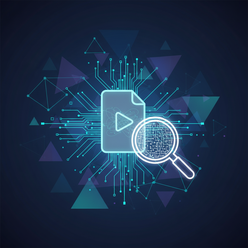 clean infographic, modern layout, high contrast. A digital representation of a video file with an invisible watermark embedded. Data streams and a magnifying glass icon indicating detection. The background features abstract geometric shapes in cool tones. No visible text, modern, tech-oriented.