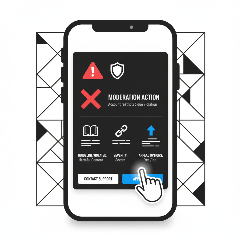 clean infographic, modern layout, high contrast. A notification pop-up on a stylized smartphone screen, clearly stating a moderation action taken, including the guideline violated, severity, and appeal options. A finger is about to tap the "Appeal" button. No text.
