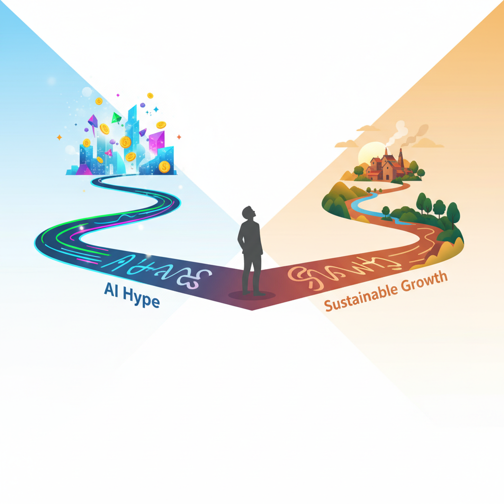 clean infographic, modern layout, high contrast. A person standing at a crossroads, with one path clearly labeled "AI Hype" leading to a mirage of riches, and another labeled "Sustainable Growth" leading to a more modest but stable landscape. The person is looking at both paths with a thoughtful expression. Use warm and inviting colors for the "Sustainable Growth" path, and bright but slightly artificial colors for "AI Hype." No visible text.
