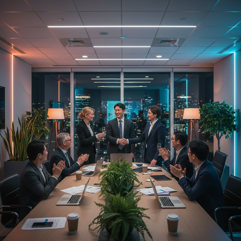 A professional business meeting scene with diverse entrepreneurs and investors around a modern conference table, warm office lighting, large windows with city view in background, laptops and documents on table, handshake moment, Korean and international business people, contemporary office interior with plants, gradient blue and orange lighting, celebratory yet professional atmosphere, realistic corporate photography, no visible text on documents