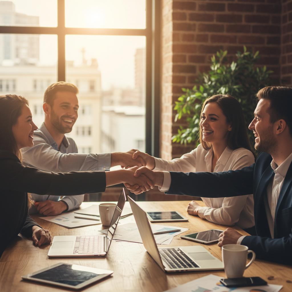 A dynamic business meeting scene with diverse professionals in a modern office, shaking hands over a table with laptops. Emphasize success and collaboration. Lifestyle photography, warm lighting, natural setting, textured background. No visible text.