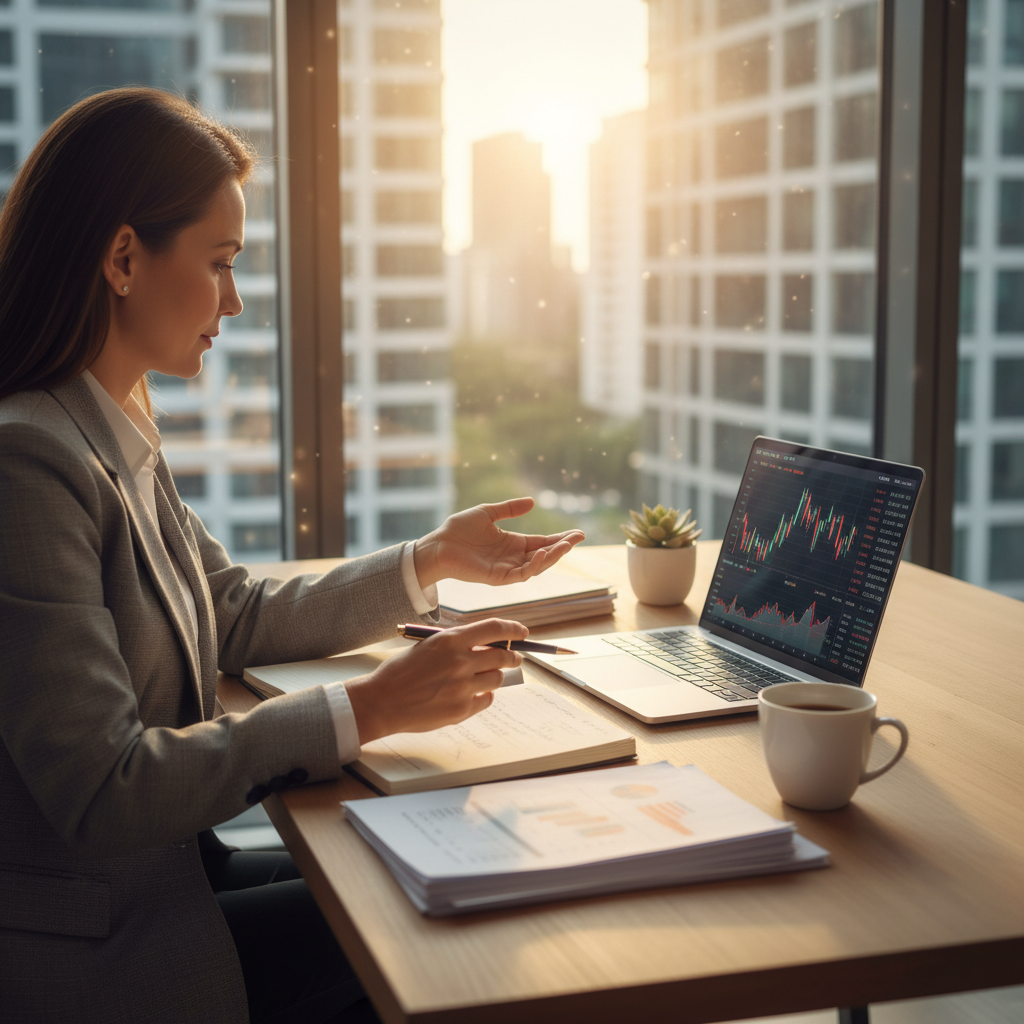 Professional investor reviewing financial documents and portfolio strategy at modern desk, laptop showing market analysis, notepad with handwritten notes, coffee cup nearby, natural morning light through office window, calm and focused atmosphere, lifestyle business photography, warm tones, no text