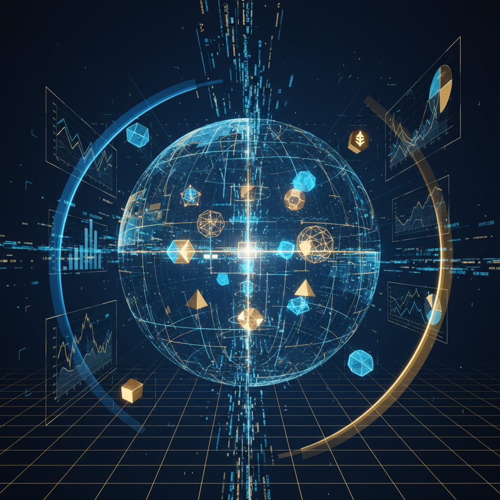 Abstract financial concept showing portfolio rebalancing with floating digital assets, holographic charts and data streams, futuristic blue and gold color scheme, dynamic composition suggesting strategic movement, professional business visualization, no text, modern tech aesthetic with depth